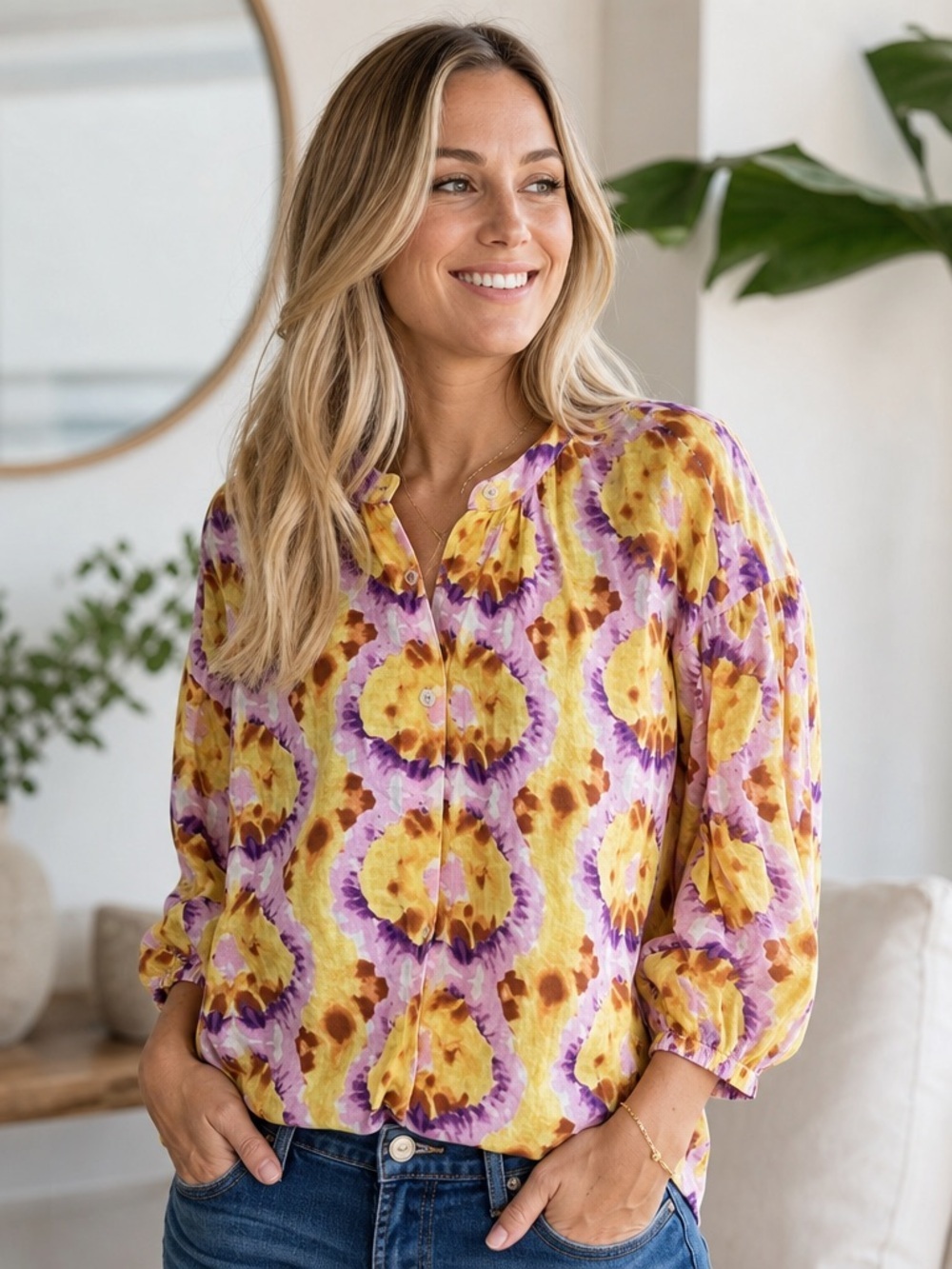 ELIE ELIE TAHARI Abstract Print Button Up Collarless Shirt ЕН422033 Sz S Tie Dye